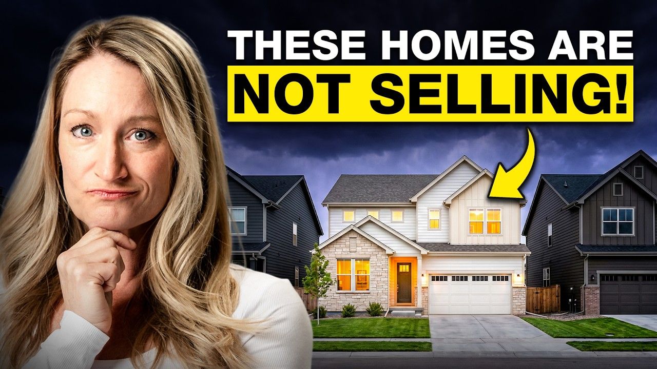 Blonde woman beside suburban houses with bold text: “THESE HOMES ARE NOT SELLING!”