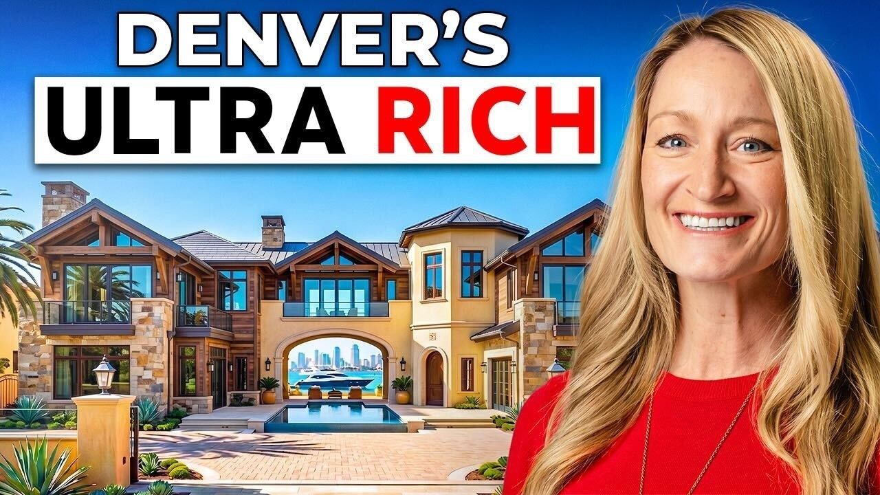Denver real estate thumbnail: luxury mansion, pool, and smiling woman beside bold “ULTRA RICH” text