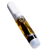 Vape cartridge, clear glass, containing golden oil, with white mouthpiece and base.