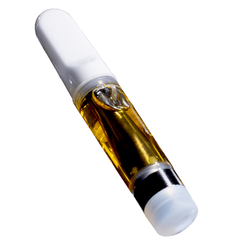 Vape cartridge, clear glass, containing golden oil, with white mouthpiece and base.