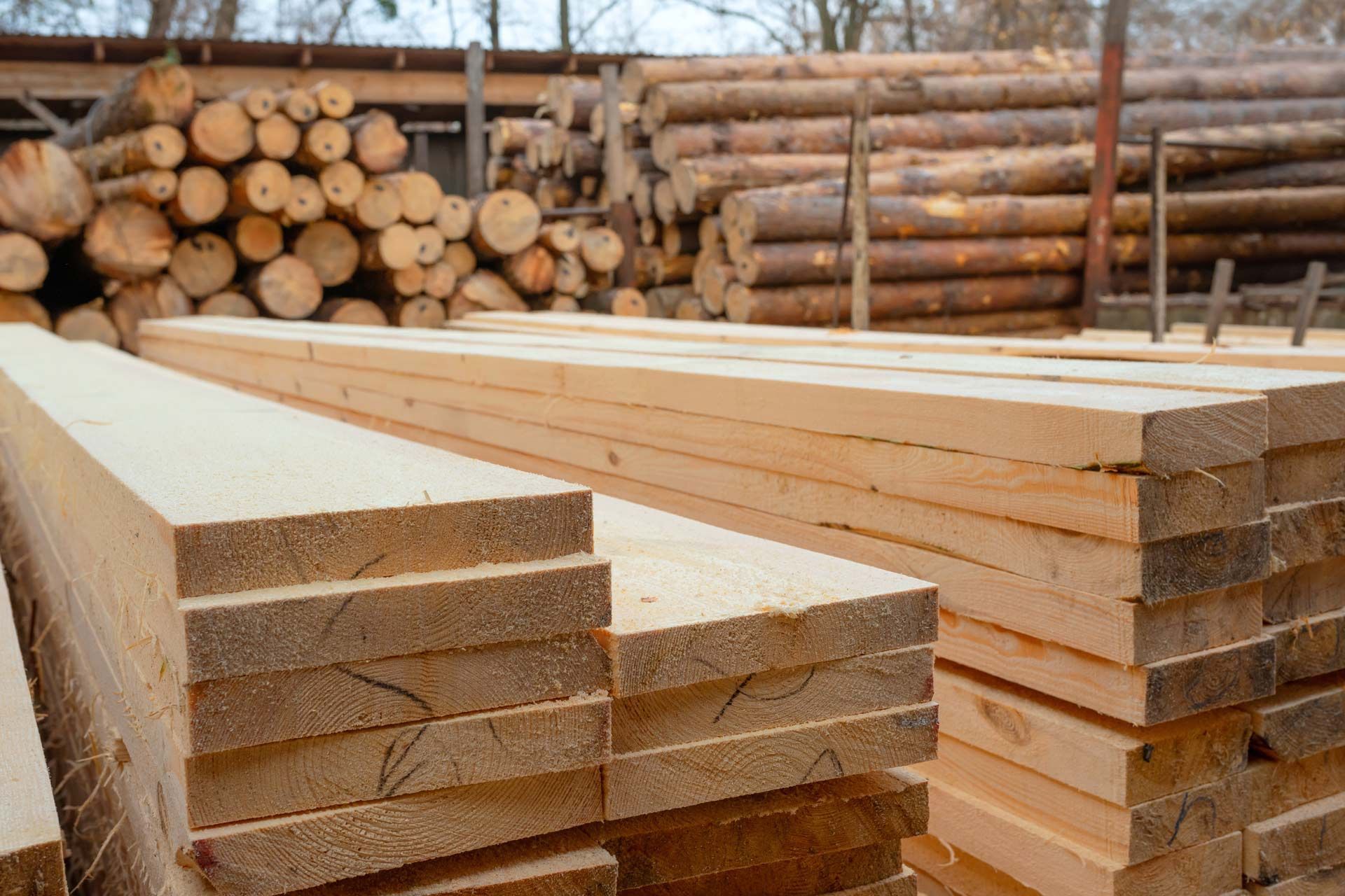 Stacked light-colored lumber boards in the foreground with a pile of raw logs in the background at an outdoor yard.
