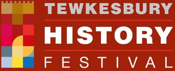 Logo for Tewkesbury History Festival: text and colorful graphic against a red background.