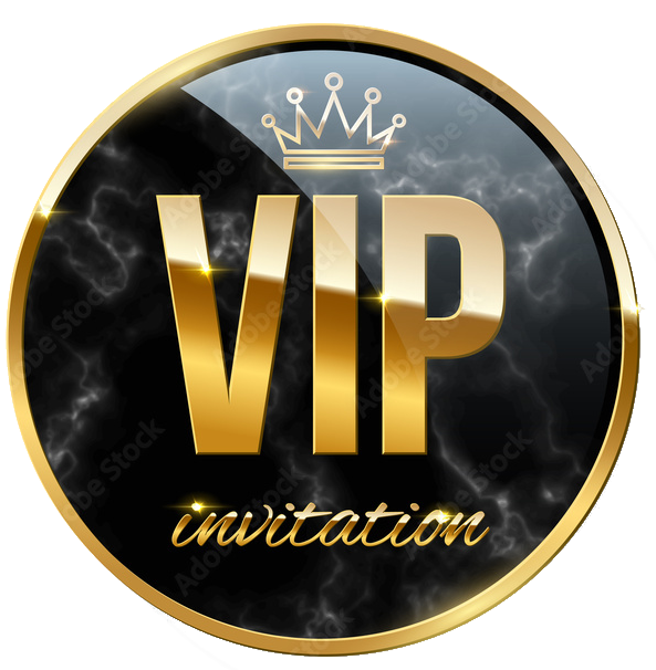 A black and gold vip invitation with a crown
