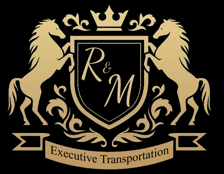 A logo for r & m executive transportation with two horses and a crown