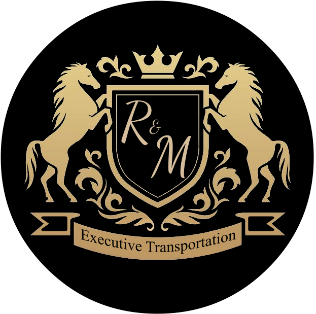 The logo for r & m executive transportation has two horses and a crown on it.