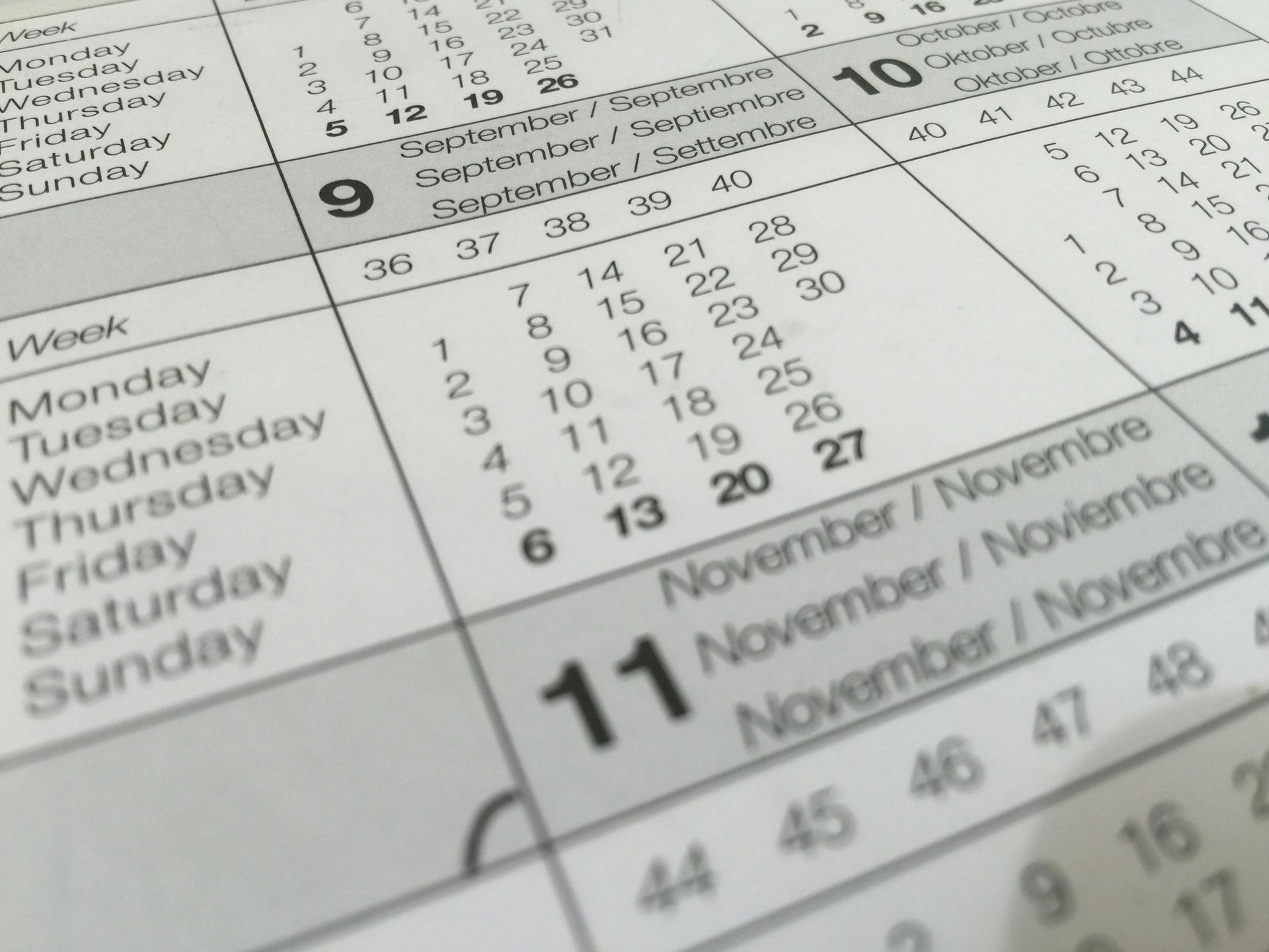 Close-up of a calendar page showing the months of September and November.