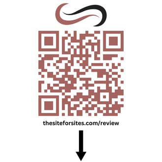 A qr code with an arrow pointing down to the site for sites.com / review.