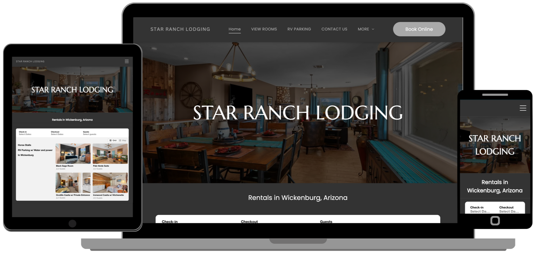 Star Ranch Lodging website displayed on a laptop, tablet, and smartphone.