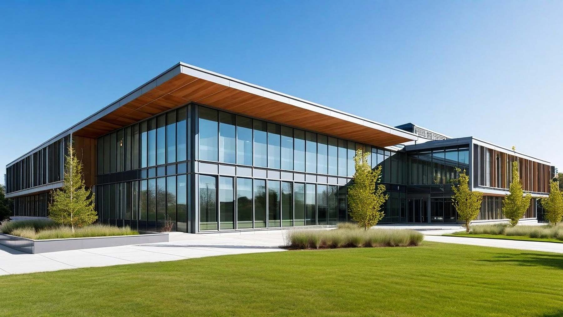 Modern glass office building with a sloped wood roof and green lawn in front
