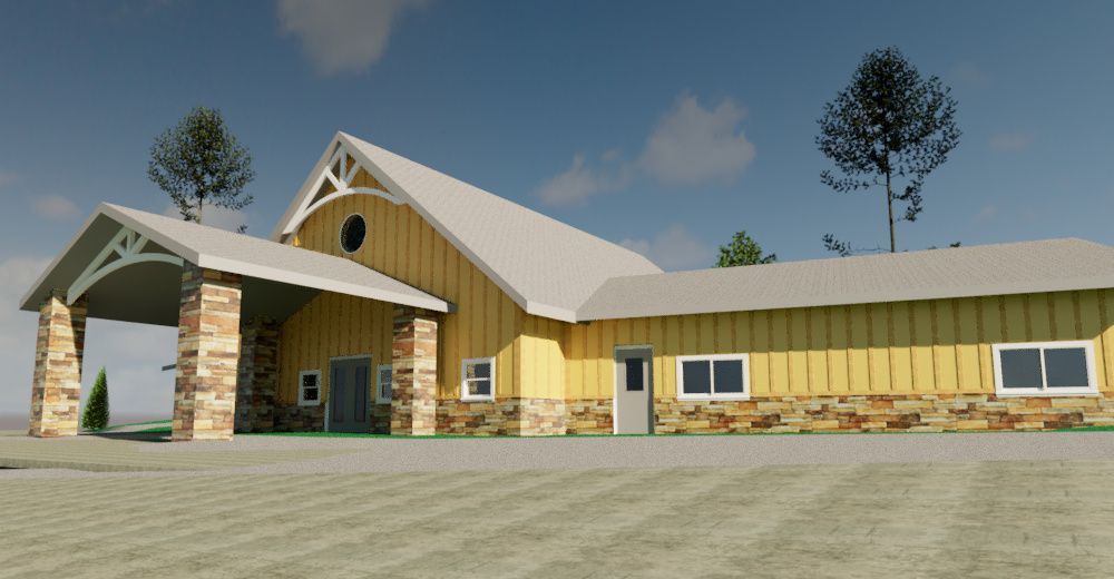 Yellow building with stone accents and white roof, viewed from a low angle under a blue sky