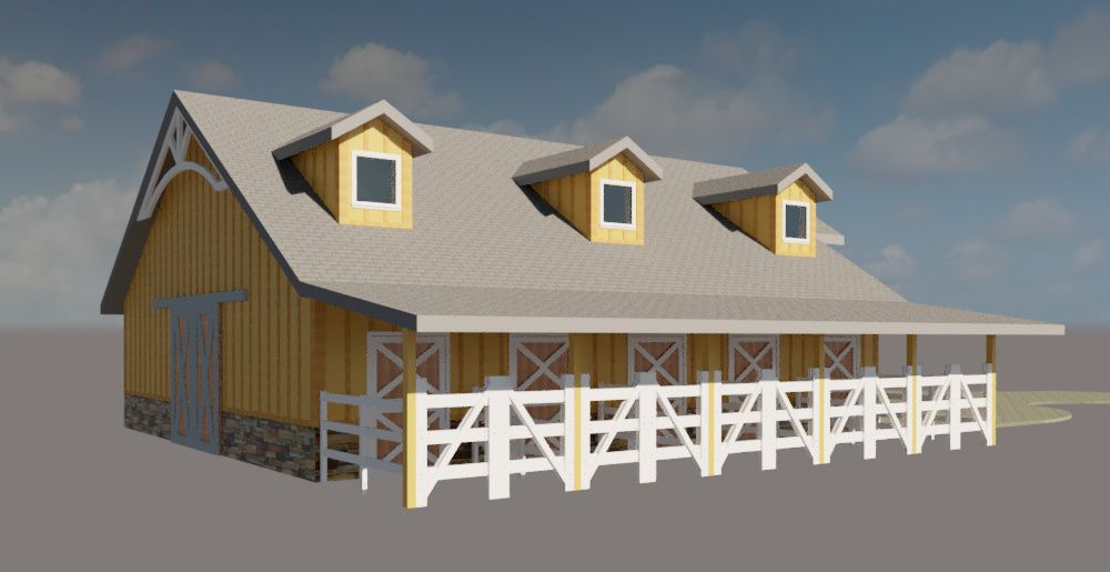 Rustic wooden barn with white trim, gray roof, and a white fenced porch under a cloudy sky