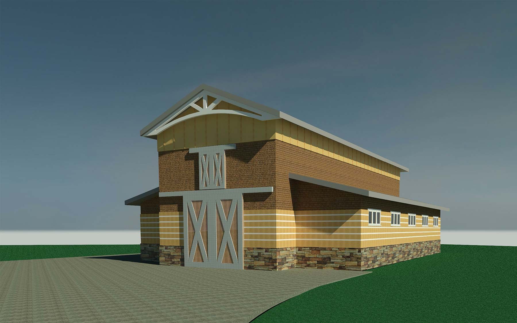 A wooden barn with white trim and double doors on a grassy field under a clear sky.