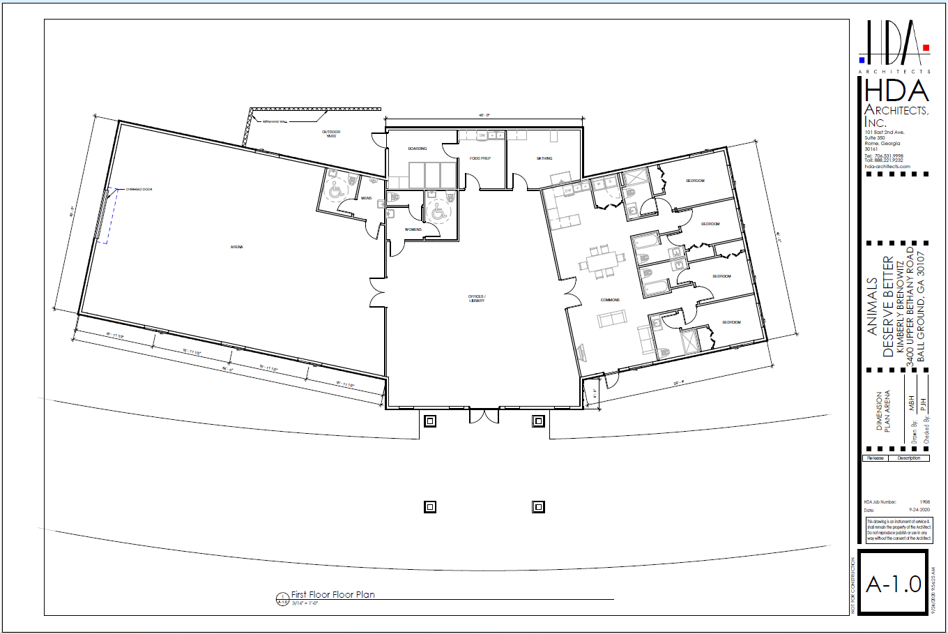 Architectural floor plan drawing with labeled rooms and site outline on a white background
