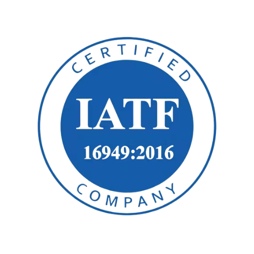 A blue and white certified iatf company logo