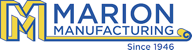 A blue and yellow logo for marion manufacturing since 1946