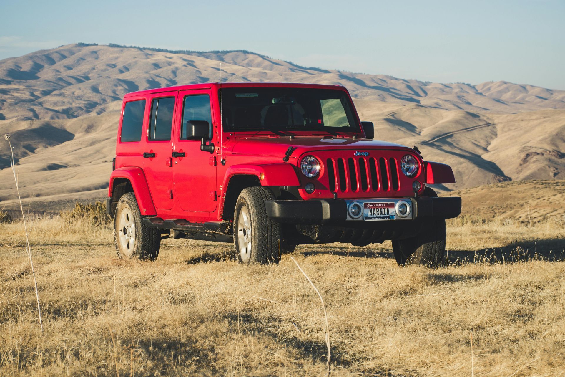 A red jeep is parked in a field with mountains in the background.