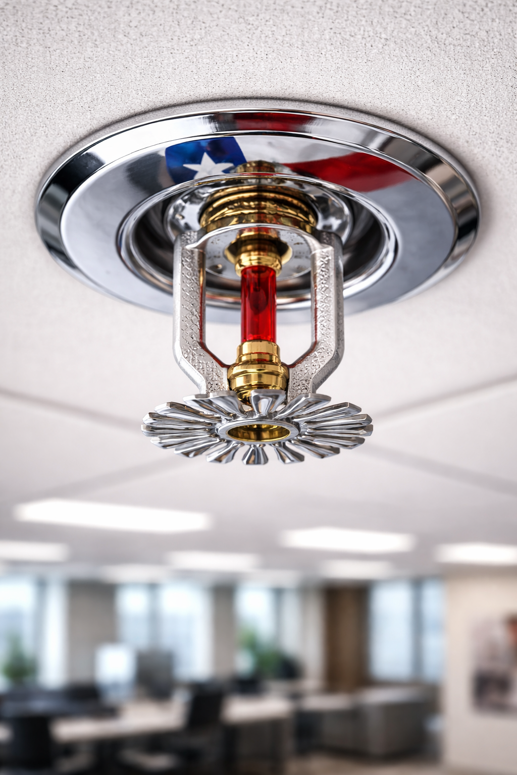 Ceiling-mounted fire sprinkler head in an office setting; chrome with red glass bulb.
