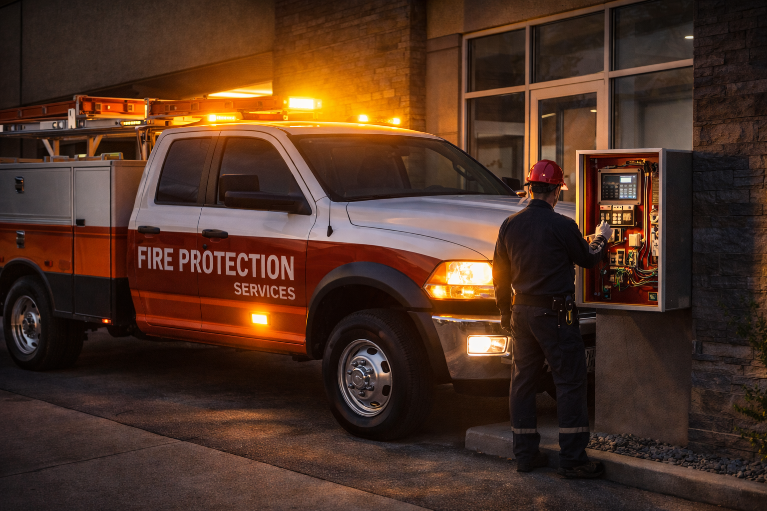 Fire protection worker next to a truck, servicing a control panel at night.