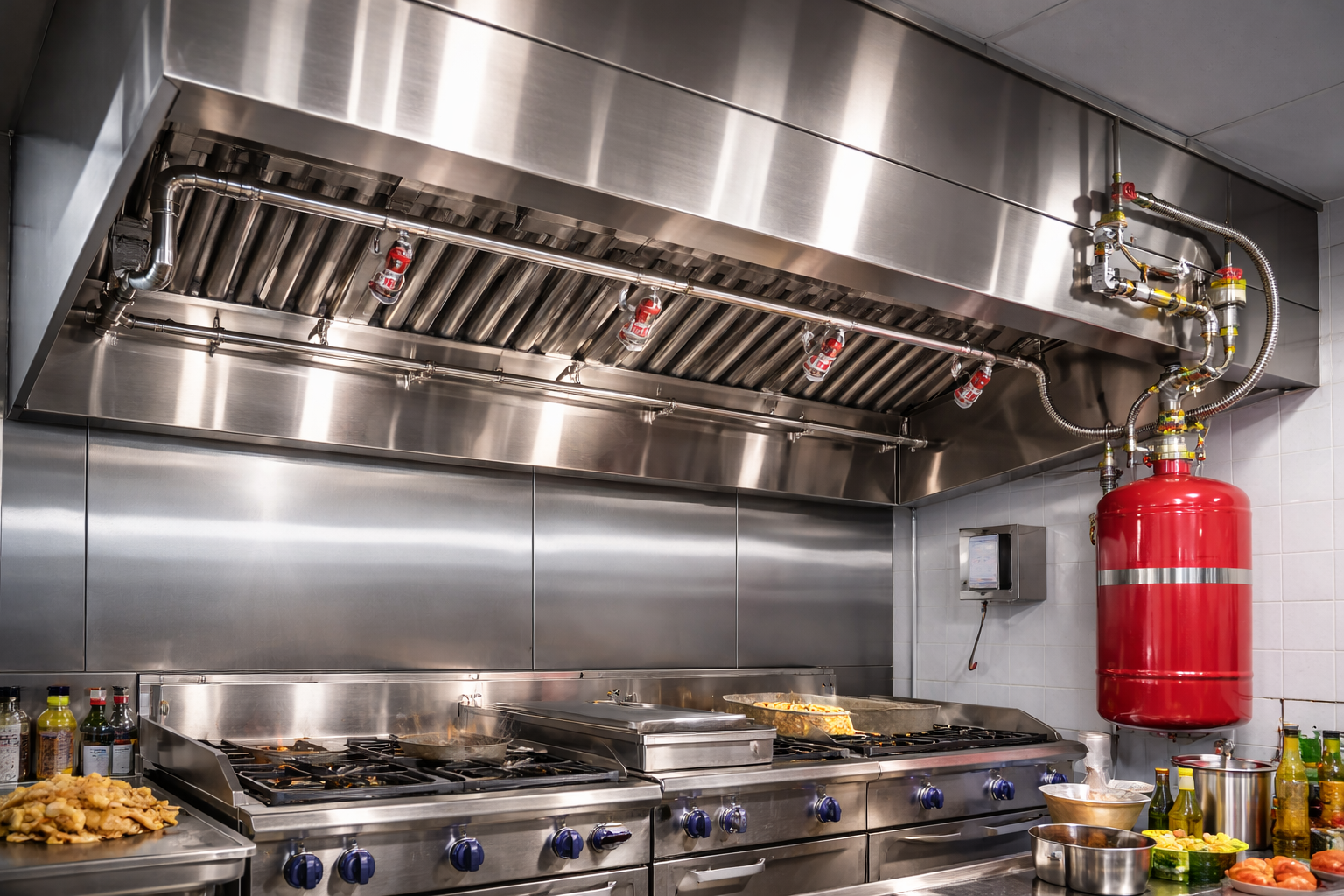 Commercial kitchen with stainless steel range and ventilation hood, and a red fire suppression system.