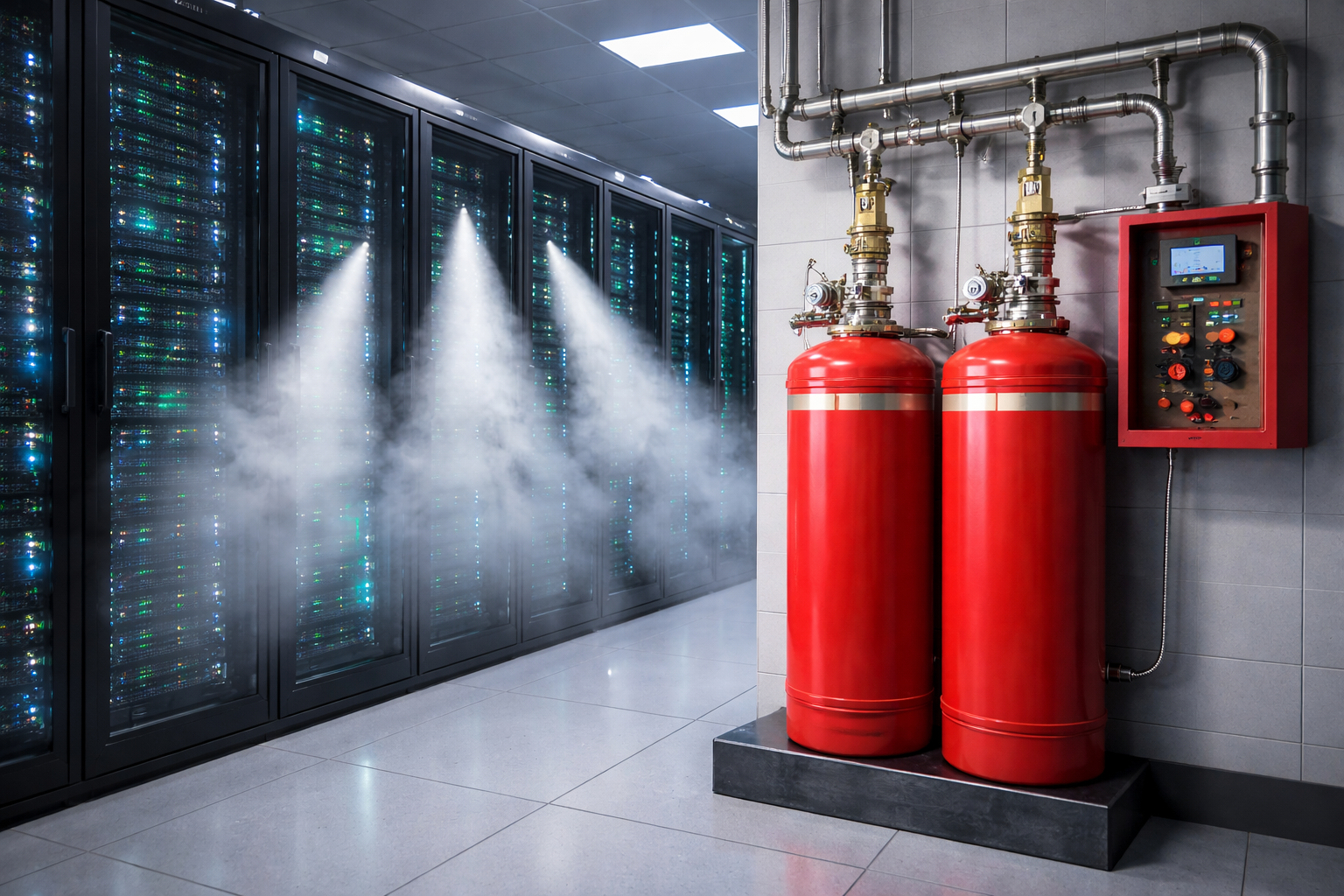 Server room with red fire suppression cylinders and mist discharging towards server racks.