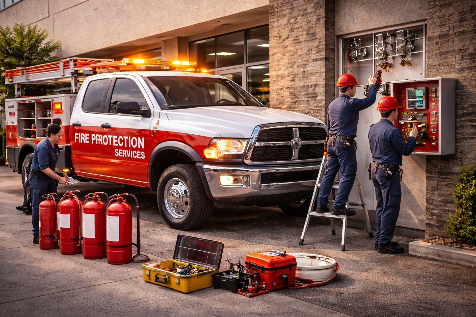 Fire protection services truck with workers inspecting fire safety equipment outside a building.