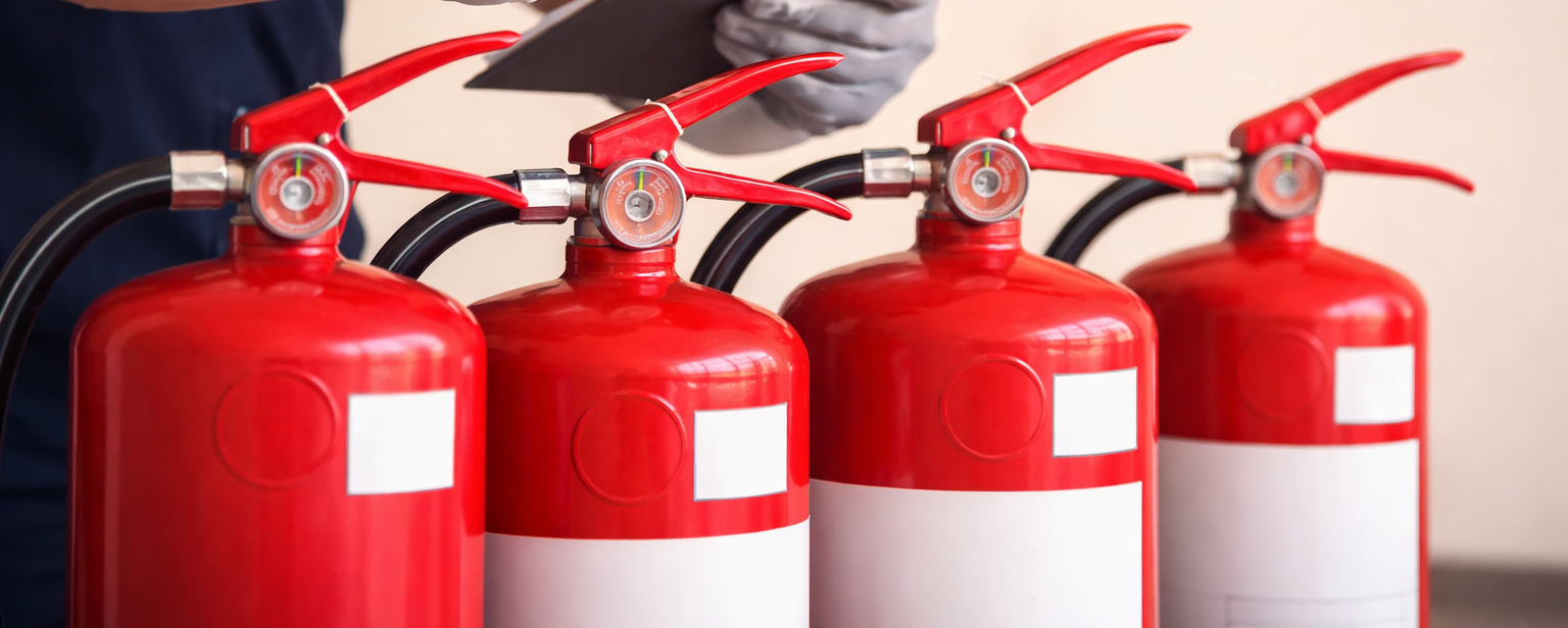 Red fire extinguishers lined up for inspection.