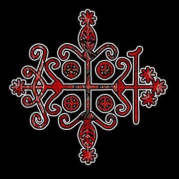 Red and white decorative symbol on a black background.