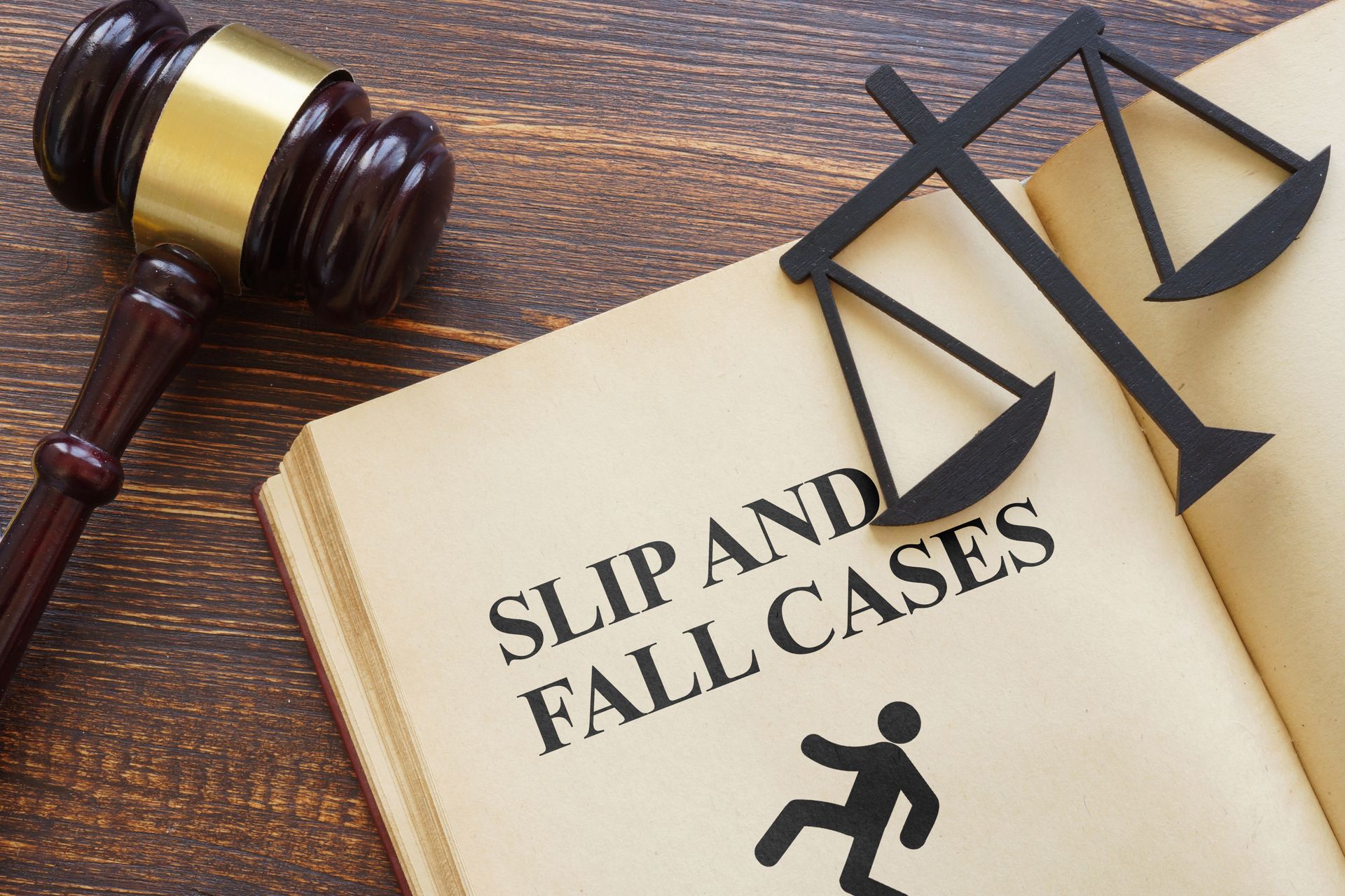 Slip and fall law book with gavel and justice scales, symbolizing injury case litigation.