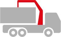 Ein grauer LKW mit einem roten Kran an der Seite.