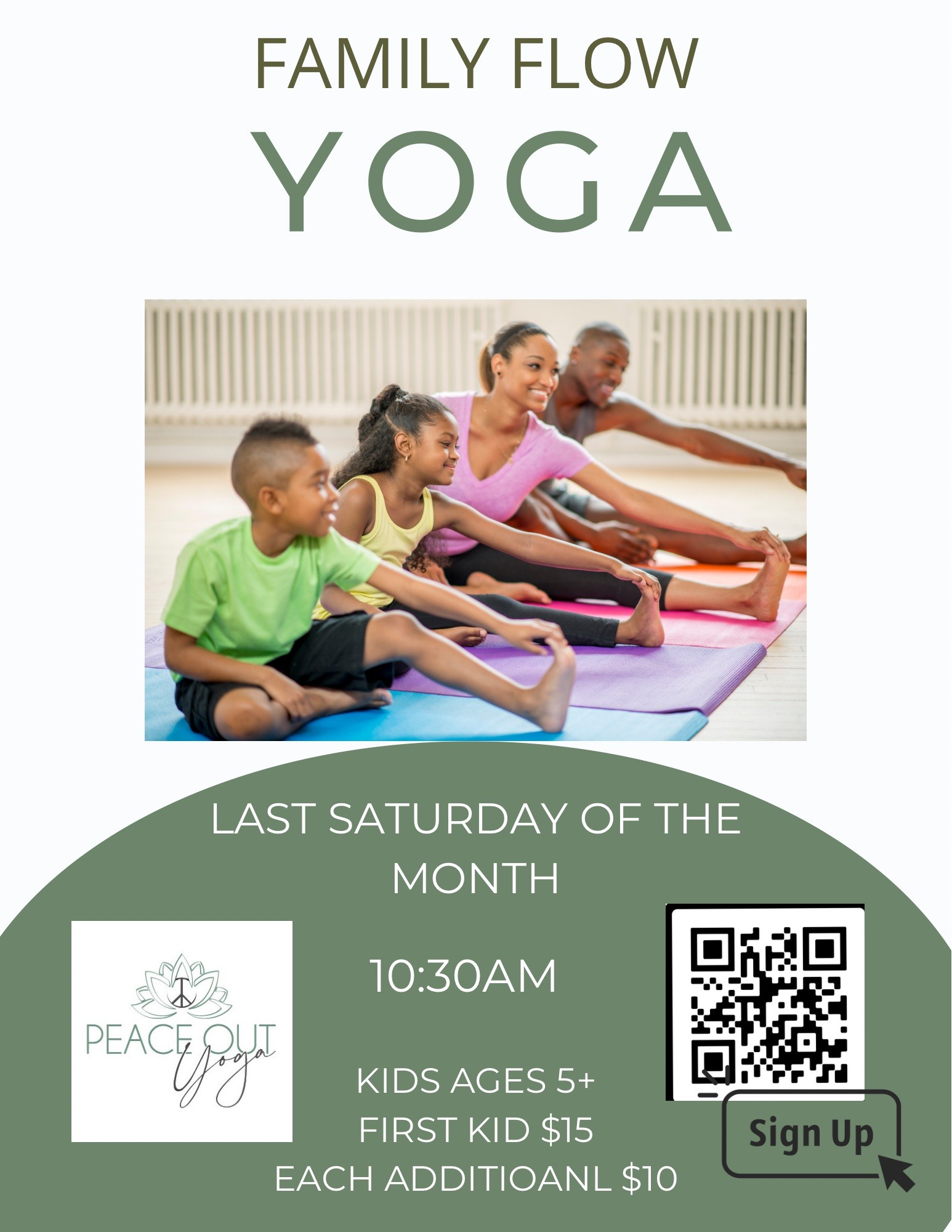 A poster for family flow yoga last saturday of the month