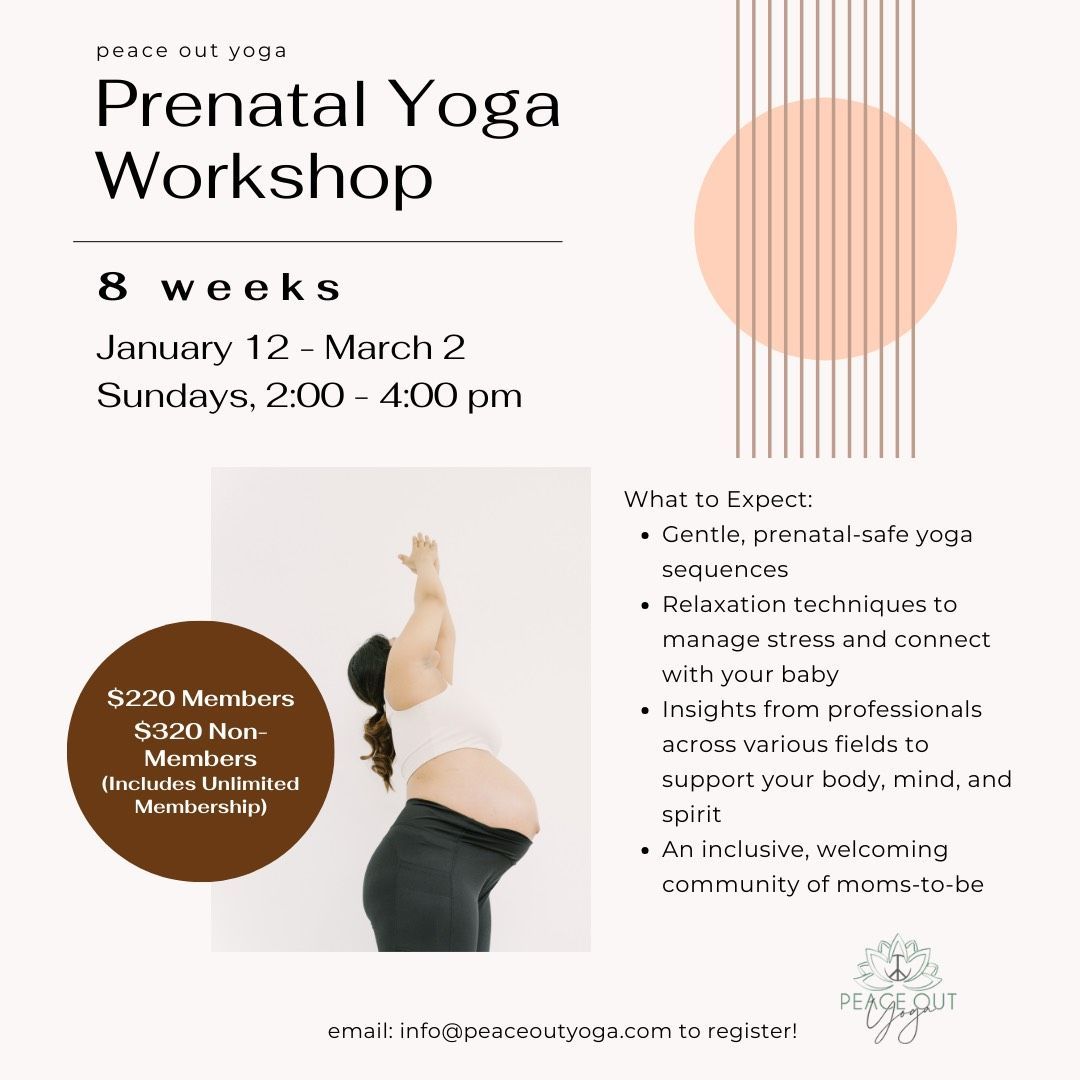 A poster for a prenatal yoga workshop shows a pregnant woman in a yoga pose