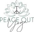 A logo for peace out yoga with a peace sign in the middle of a lotus flower.