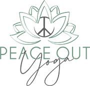 A logo for peace out yoga with a peace sign in the middle of a lotus flower.