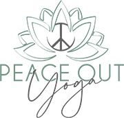 A logo for peace out yoga with a lotus flower and a peace sign.