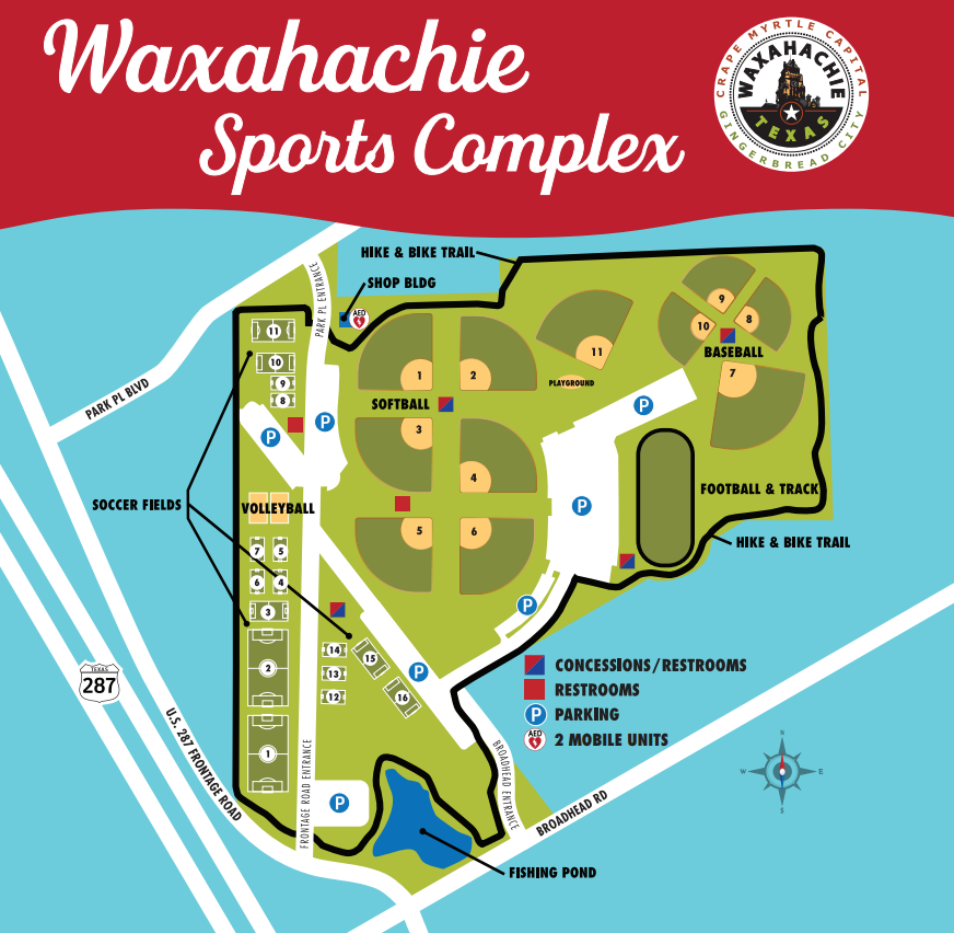 Map of Waxahachie Sports Complex with fields, parking, roads, restrooms, concessions, and trails on a blue background