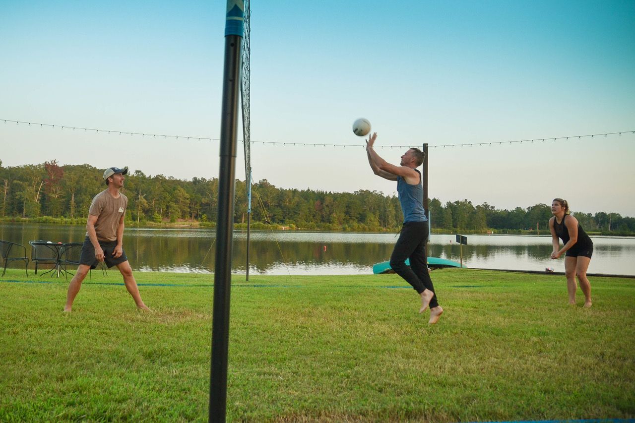 A group of people are playing volleyball on a lush green field.