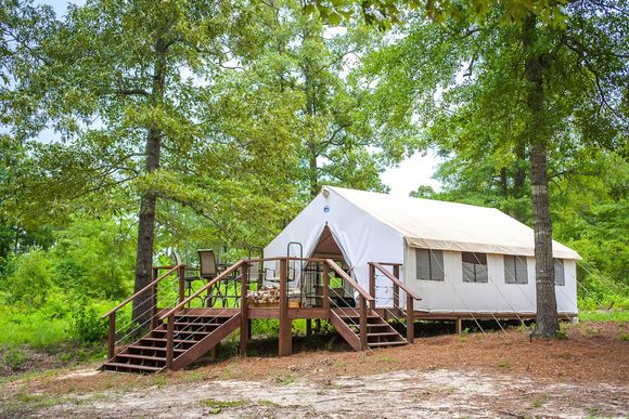 A white tent with a wooden deck and stairs in the middle of a forest.