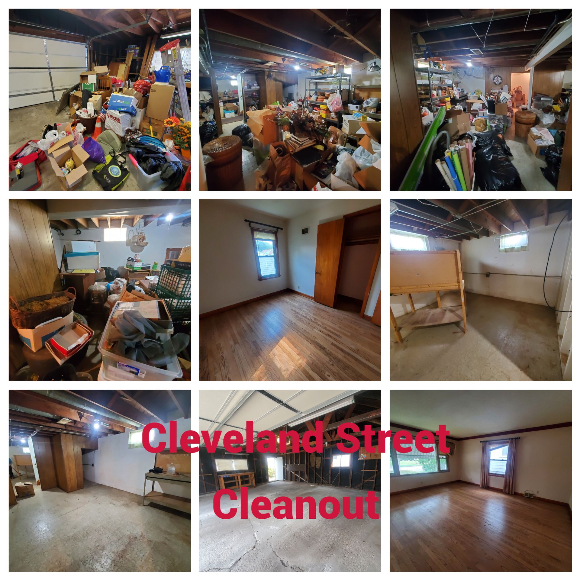A collage of photos of a house that has been cleaned out by cleveland street cleanout.