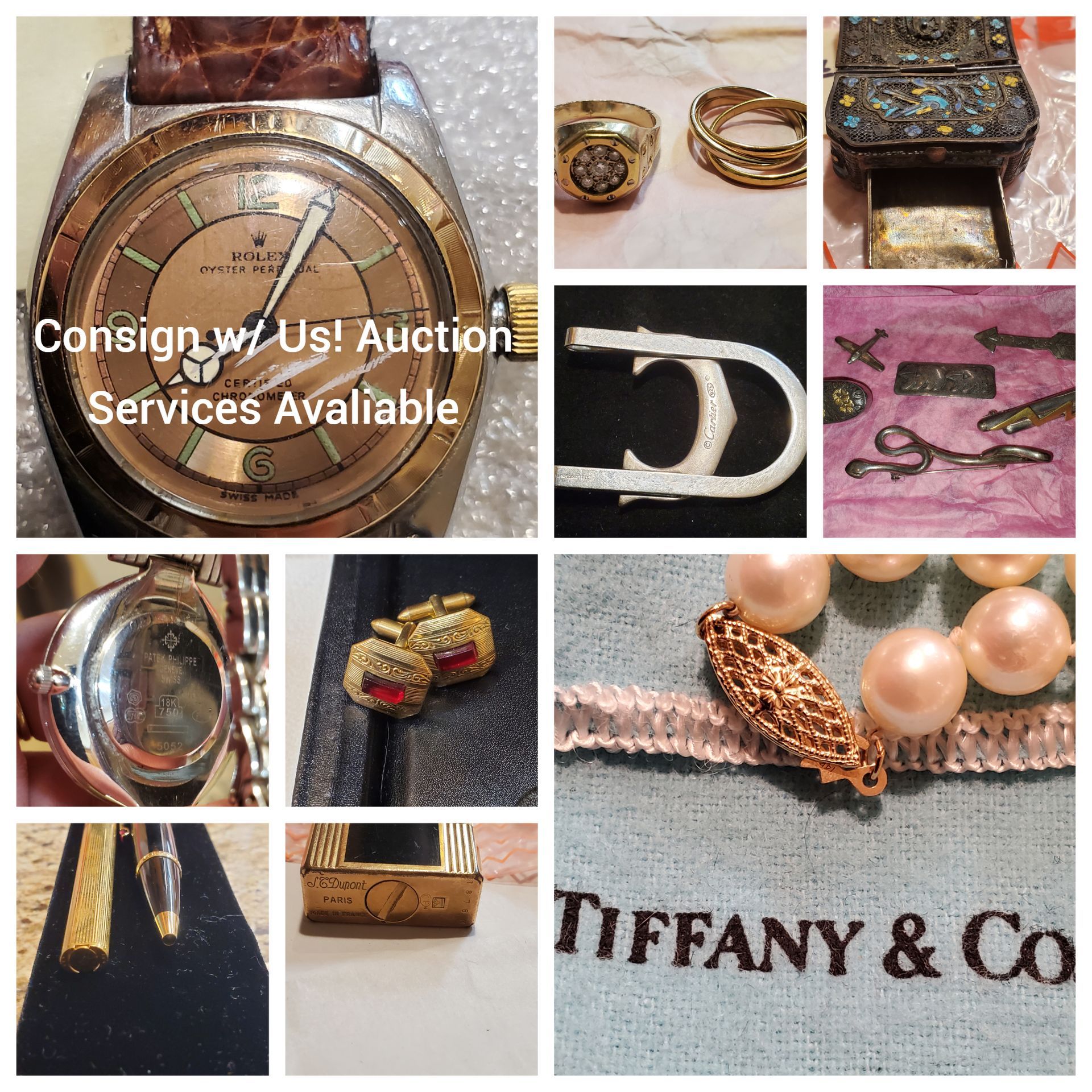 A collage of jewelry including a tiffany & co. watch