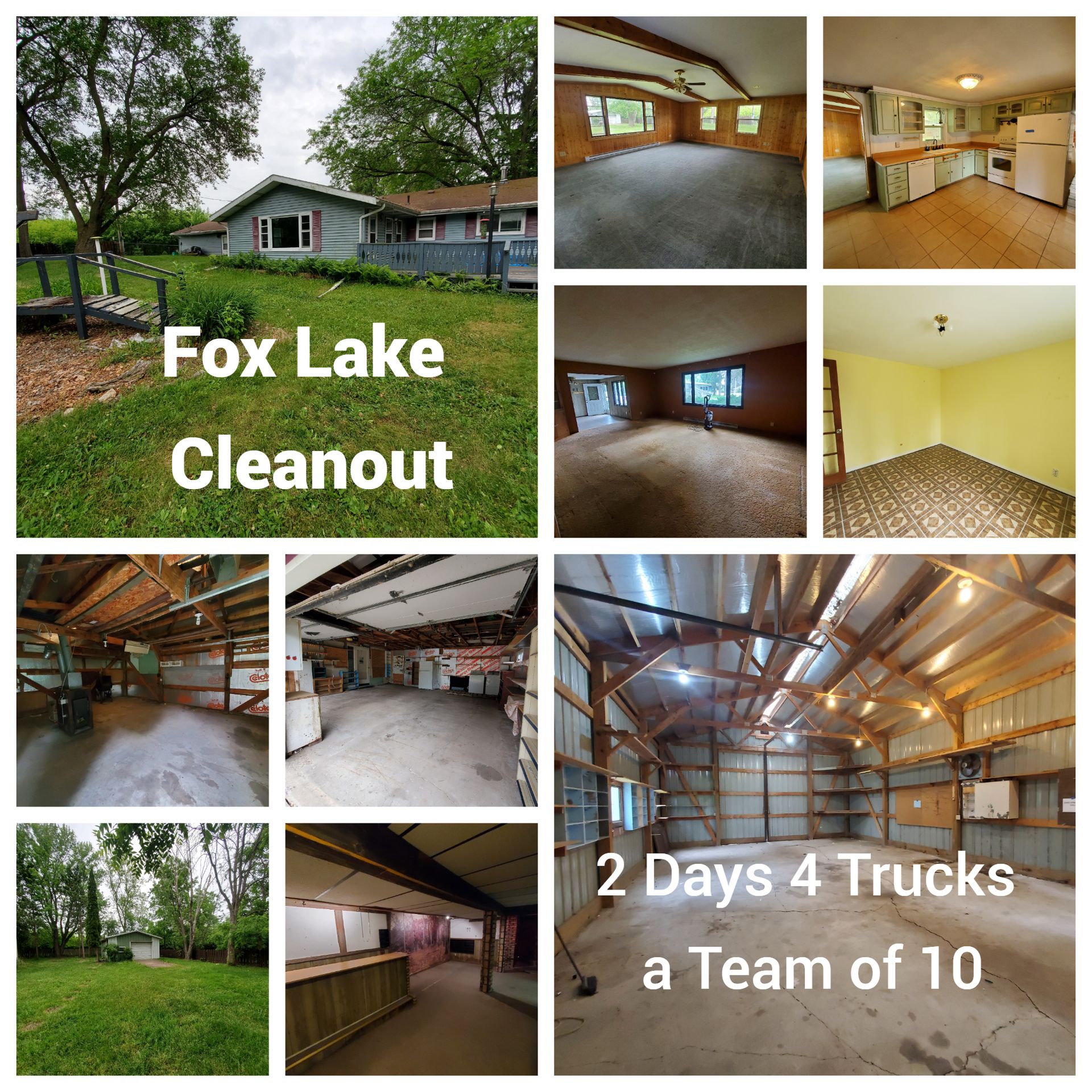 A collage of pictures of a house called fox lake cleanout