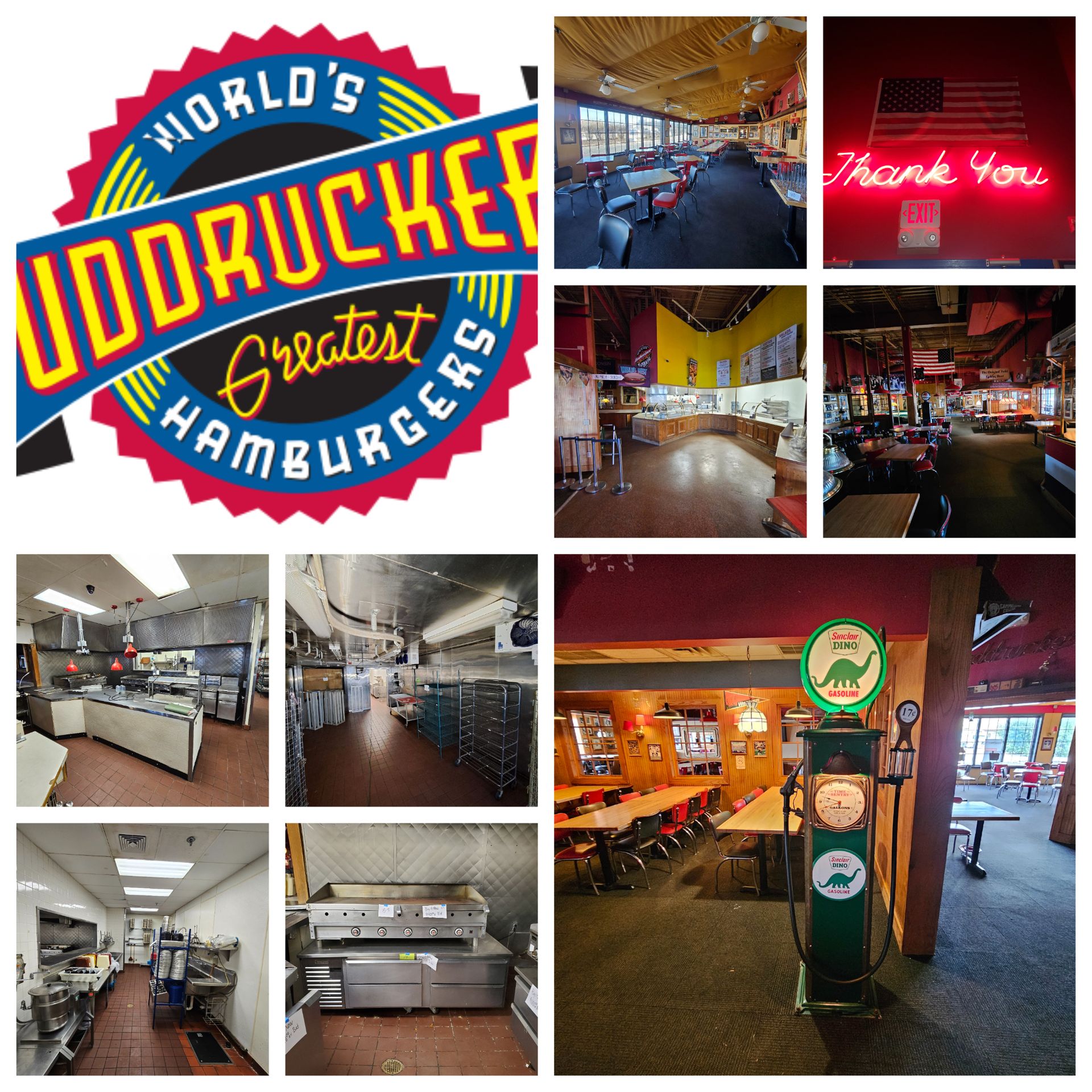 A collage of photos of a restaurant called world 's greatest hamburgers