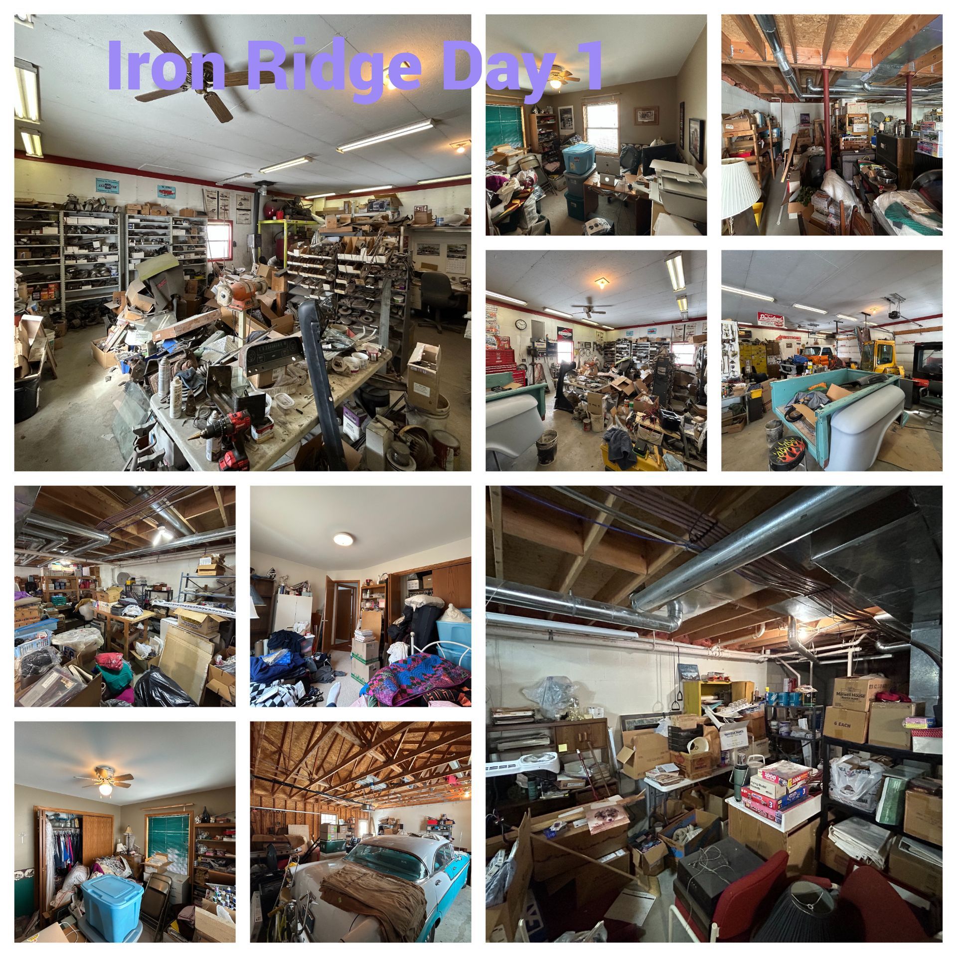 A collage of pictures of a messy room with the words iron ridge day 1