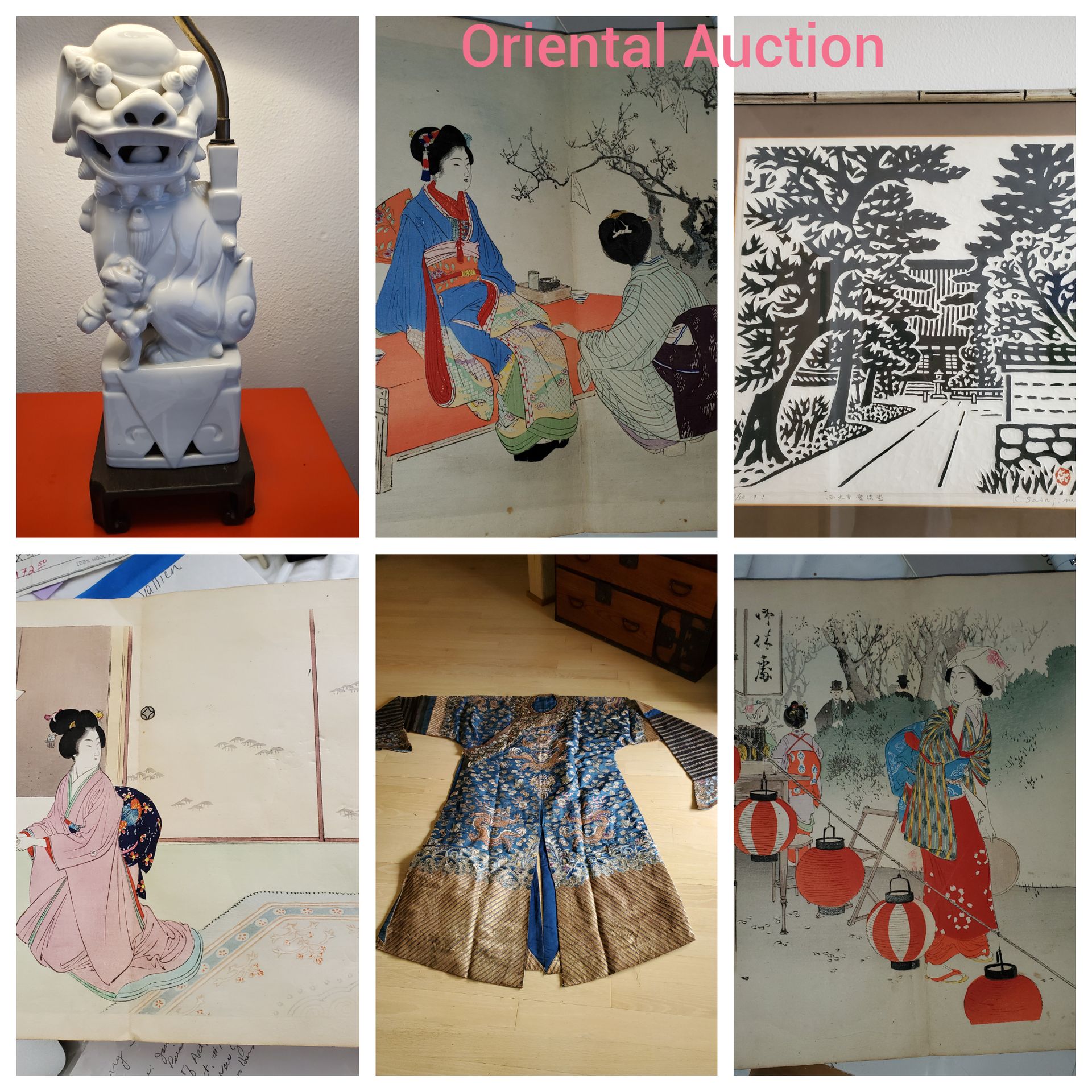 A collage of pictures with the words oriental auction at the top