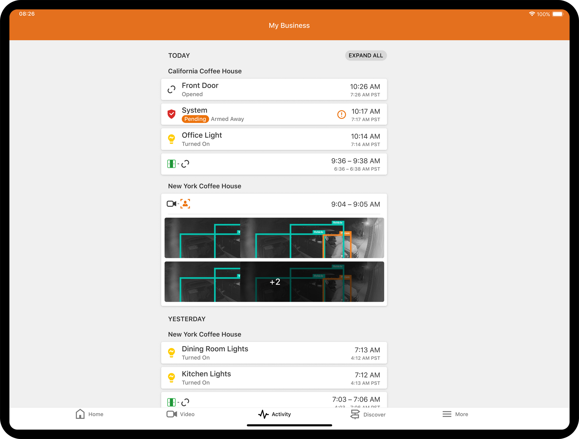 A tablet screen displaying a notification history list from the Ring app, categorized by date and including alert previews.