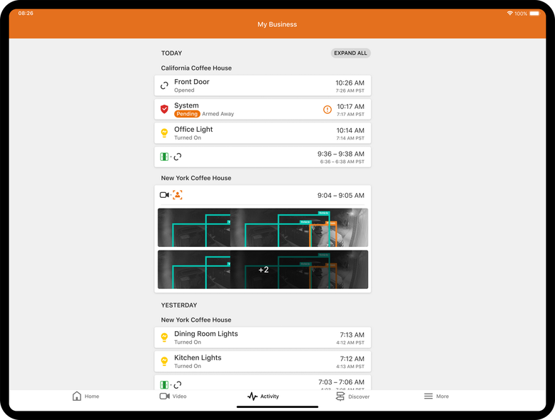 A tablet screen displaying a notification history list from the Ring app, categorized by date and including alert previews.