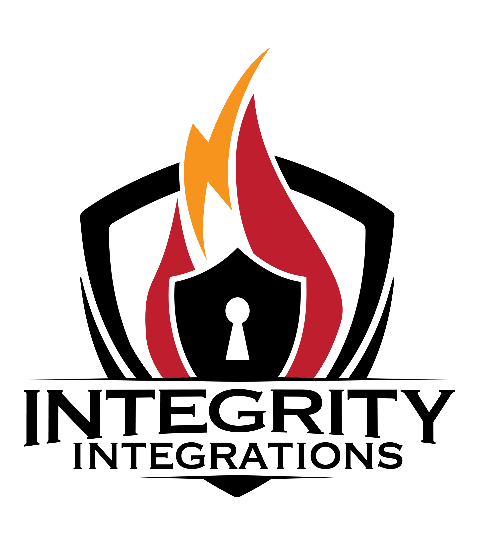 Logo featuring a keyhole icon inside a black shield, superimposed over a stylized red and orange flame, above the company name.