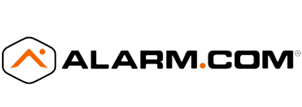 The Alarm.com logo, featuring an orange geometric icon inside a black hexagon next to the company name in black text.
