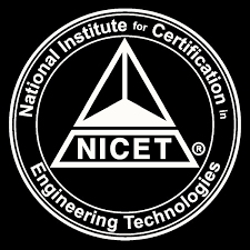 A circular black and white logo for the National Institute for Certification in Engineering Technologies (NICET).