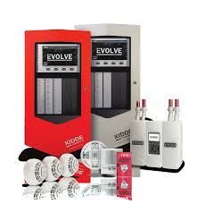 Kidde Evolve fire alarm control panels, sensors, and system components displayed against a white background.