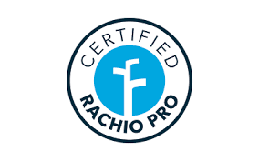 A round, white badge with a blue center featuring the Rachio logo, text reads 
